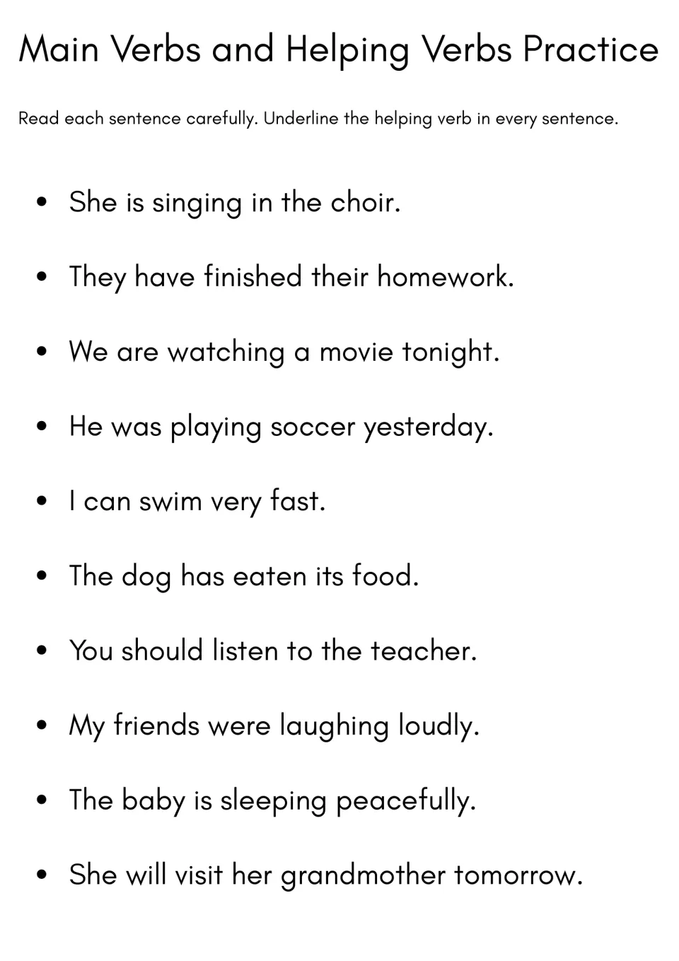 Helping-verb identification practice: underline verbs in 10 sentences, including 'She is singing in the choir.'