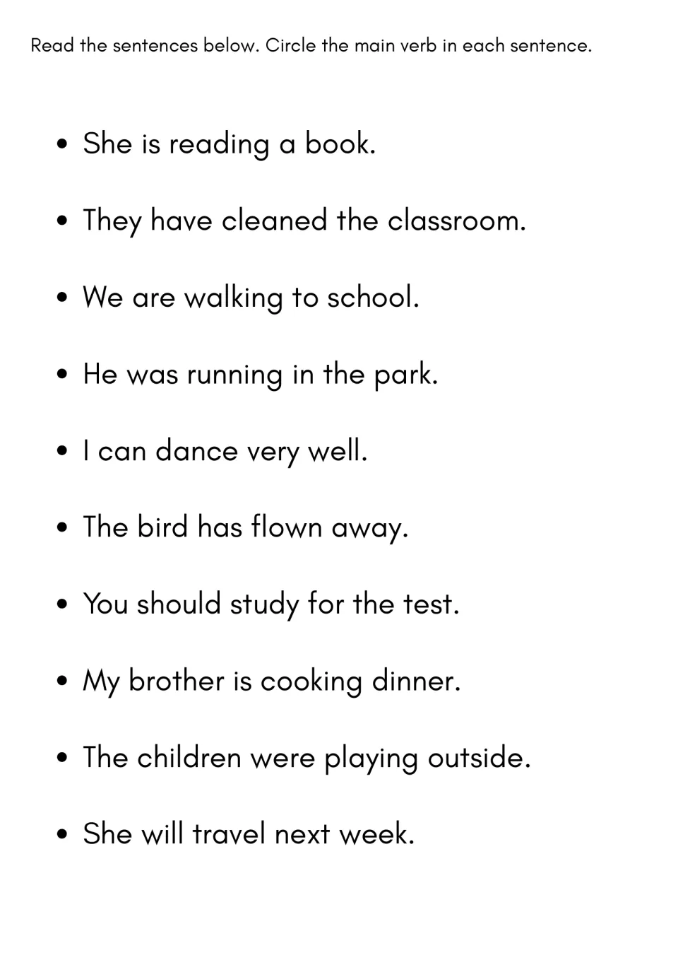 Main-verb identification practice: circle verbs in 10 sentences, including 'She is reading a book.'