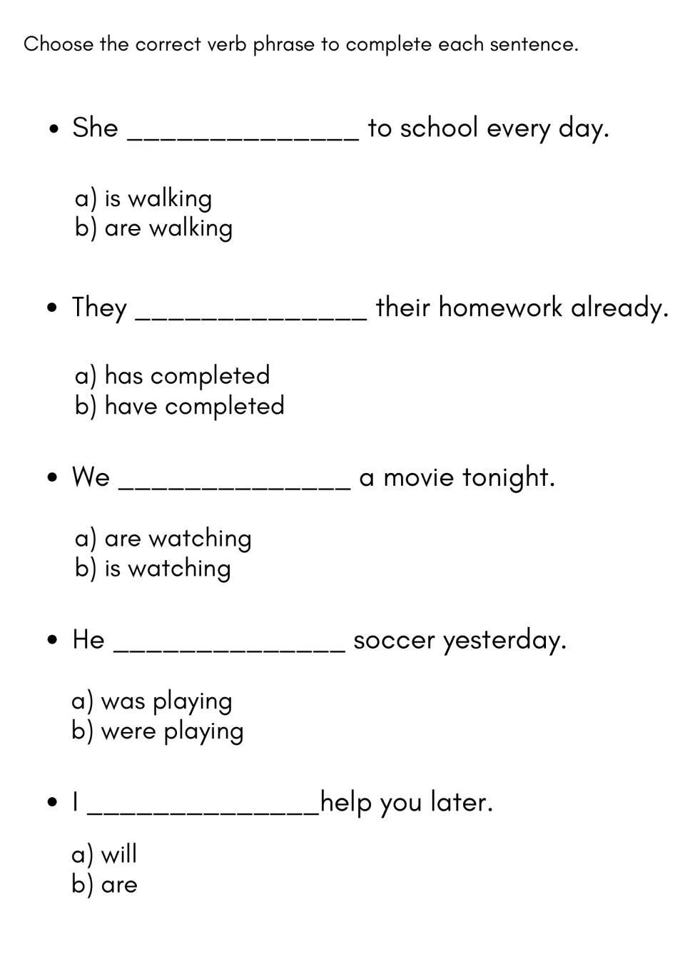 Verb phrase multiple-choice practice: five items with choices such as 'is walking' and 'are walking.'