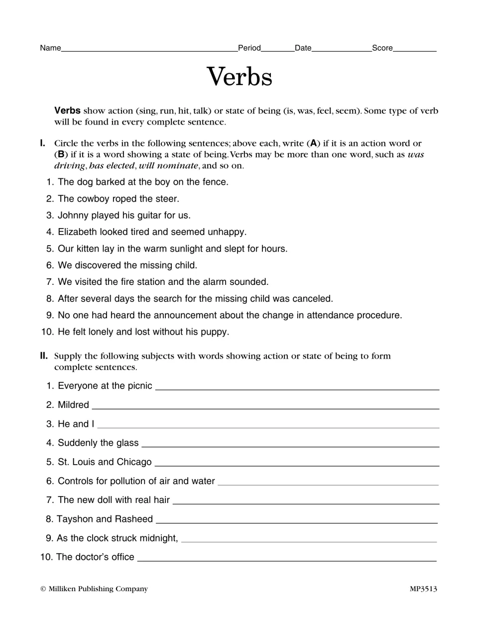 Verbs: students circle the verb in 10 sentences, mark action (A) or being (B), then add verbs to 10 subjects