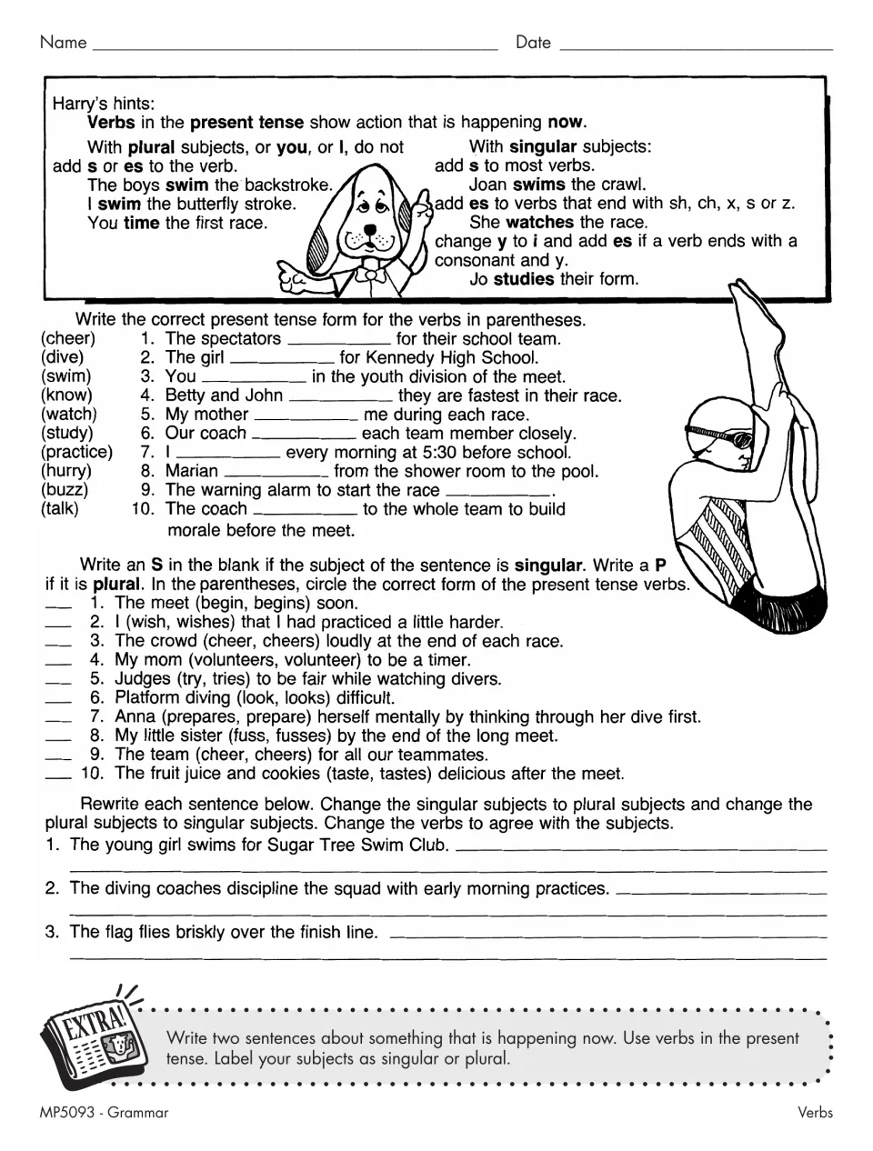 Present tense verbs with swim-meet sentences: students fill in verb forms, mark subjects S or P and rewrite for agreement