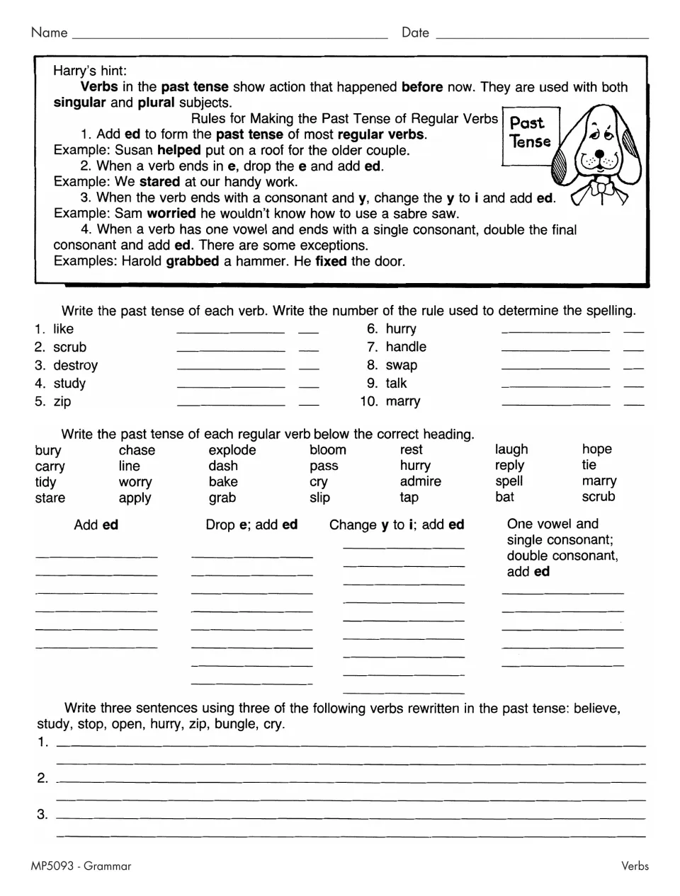 Past tense of regular verbs: four spelling rules, students write past forms, sort 28 verbs by rule and write sentences