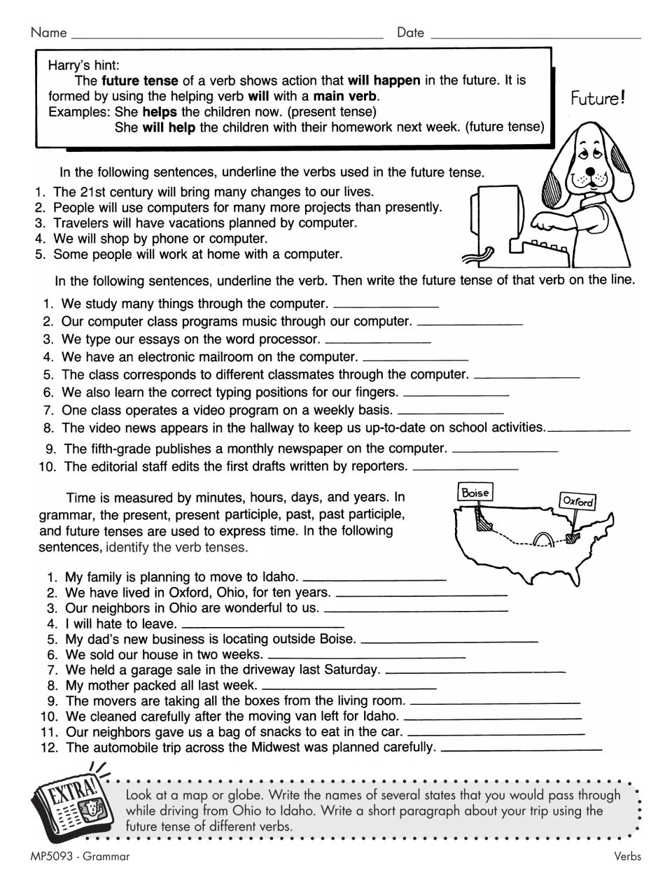 Future tense with will: students underline future verbs, rewrite computer sentences in future tense, and name tenses