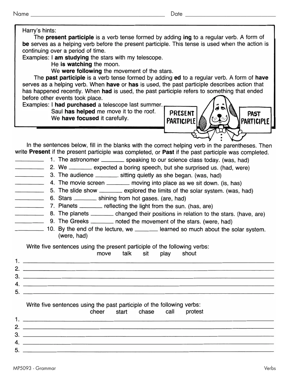 Present and past participles: students choose helping verbs in astronomy sentences and write sentences with each form