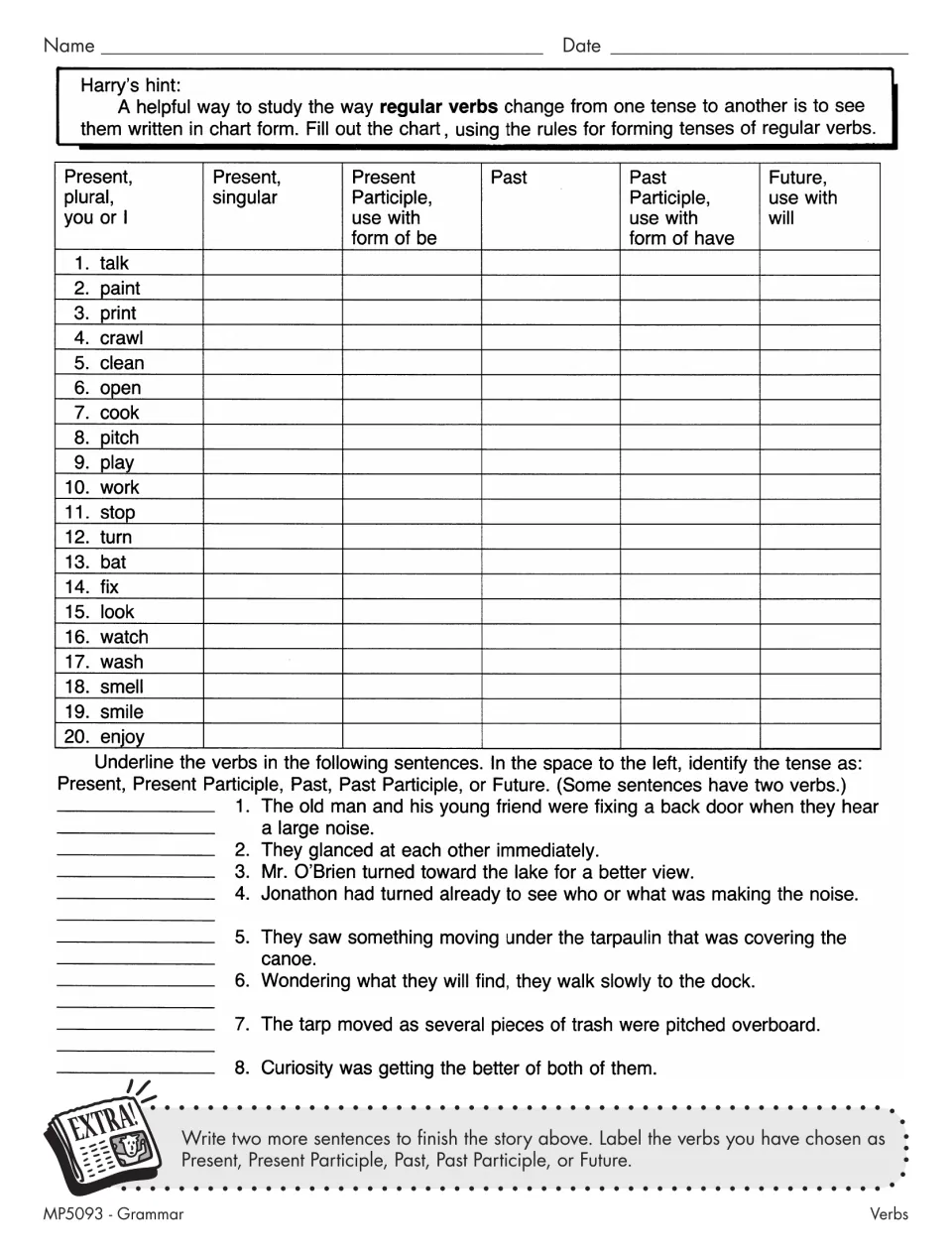Regular verb tense chart for 20 verbs like talk and paint, then students label verb tenses in a short canoe story
