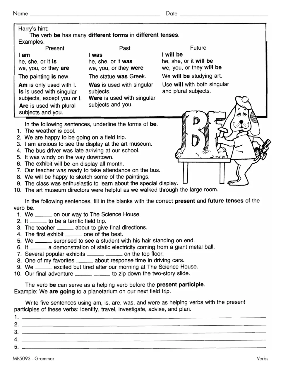 Forms of the verb be in present, past and future: students underline be, fill in field-trip blanks and write sentences