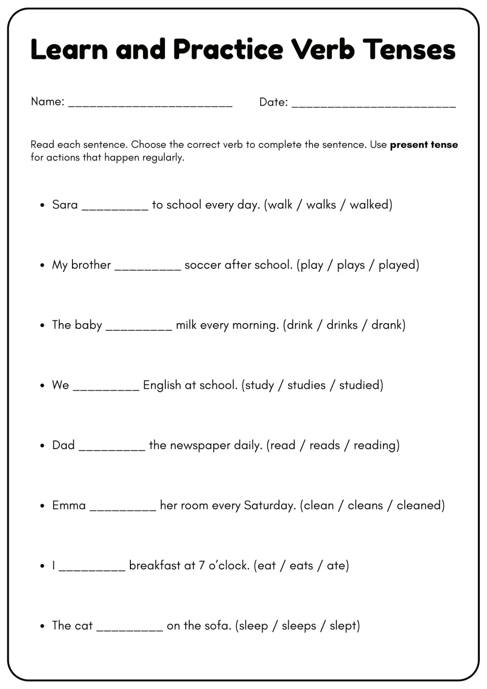 Simple present tense: students pick the verb, such as walks, plays or drinks, that completes 8 sentences about habits