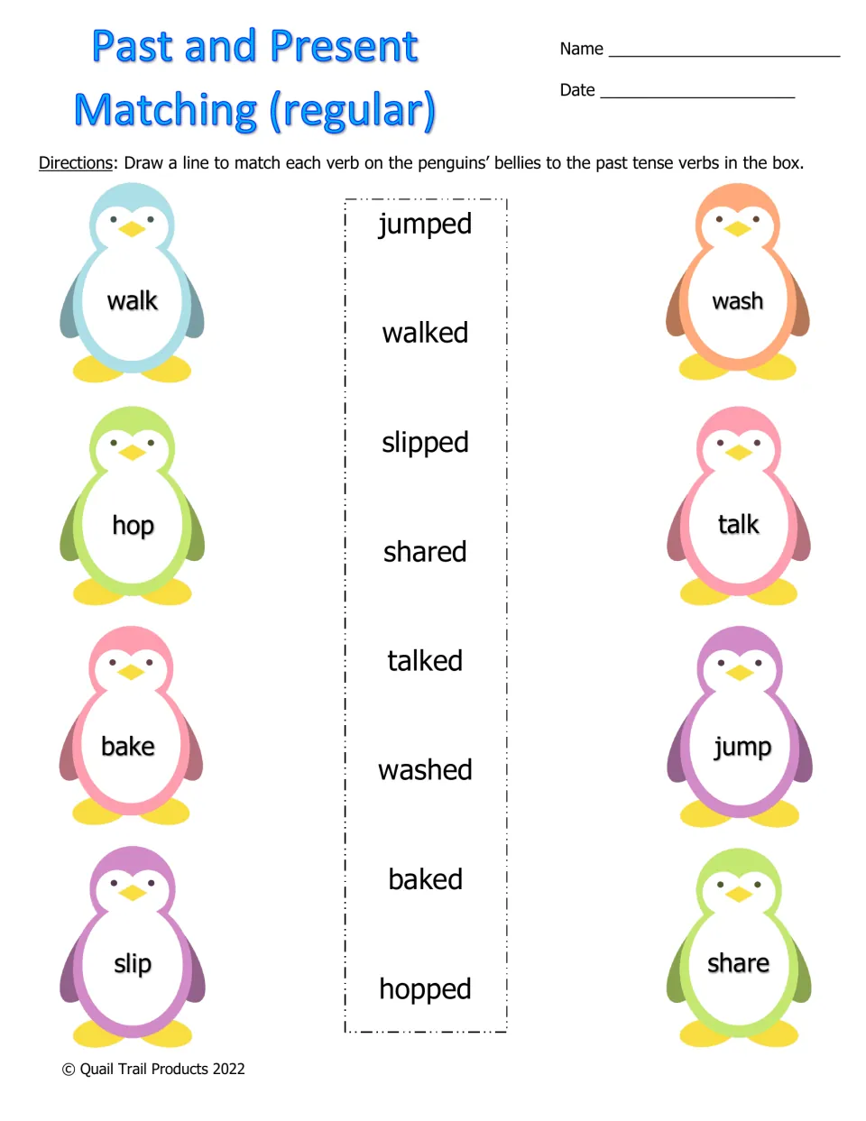 Regular verb matching: students draw lines from present tense verbs like walk, hop and bake to past forms such as walked