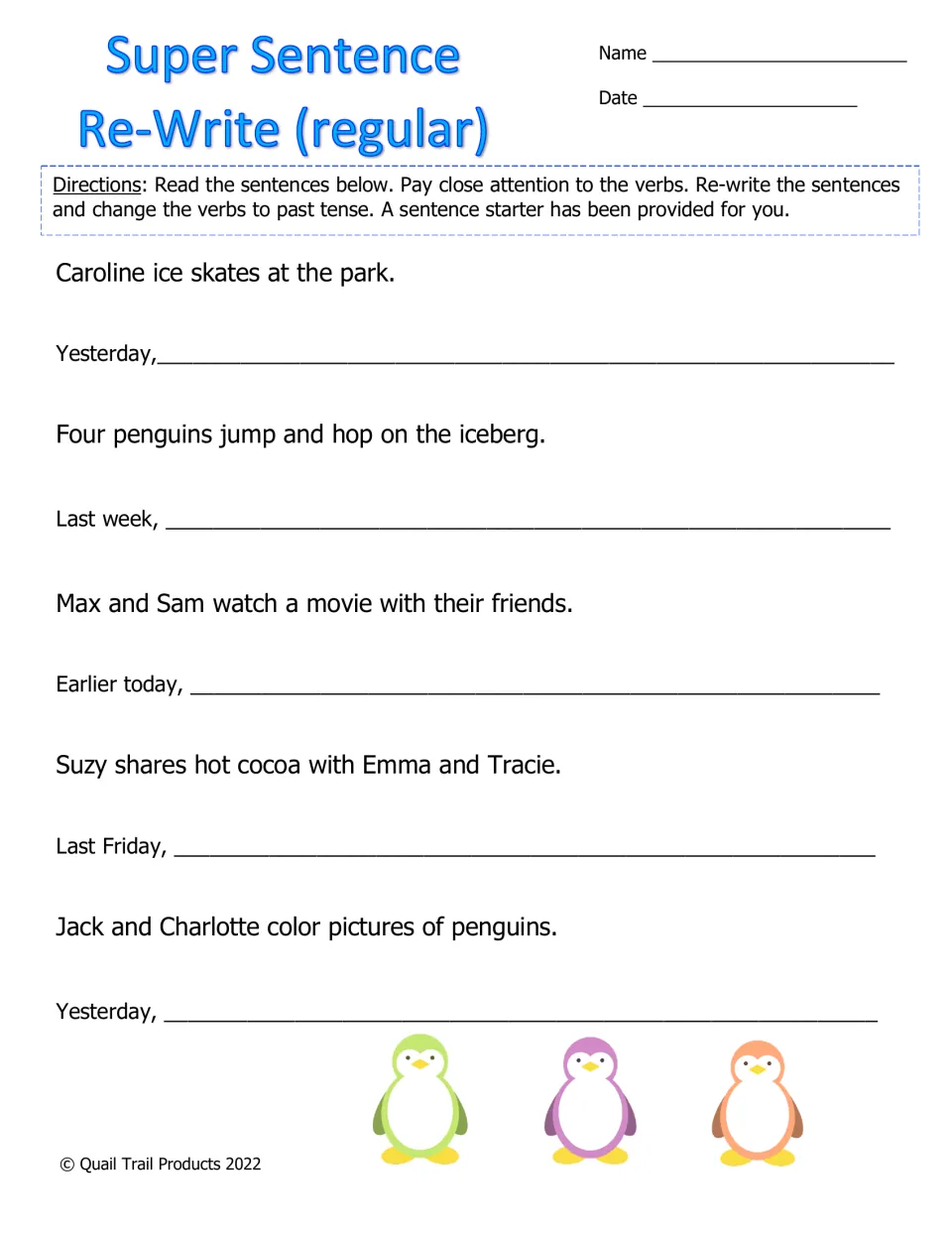 Super Sentence Re-Write (regular): students rewrite five sentences in past tense after starters like Yesterday