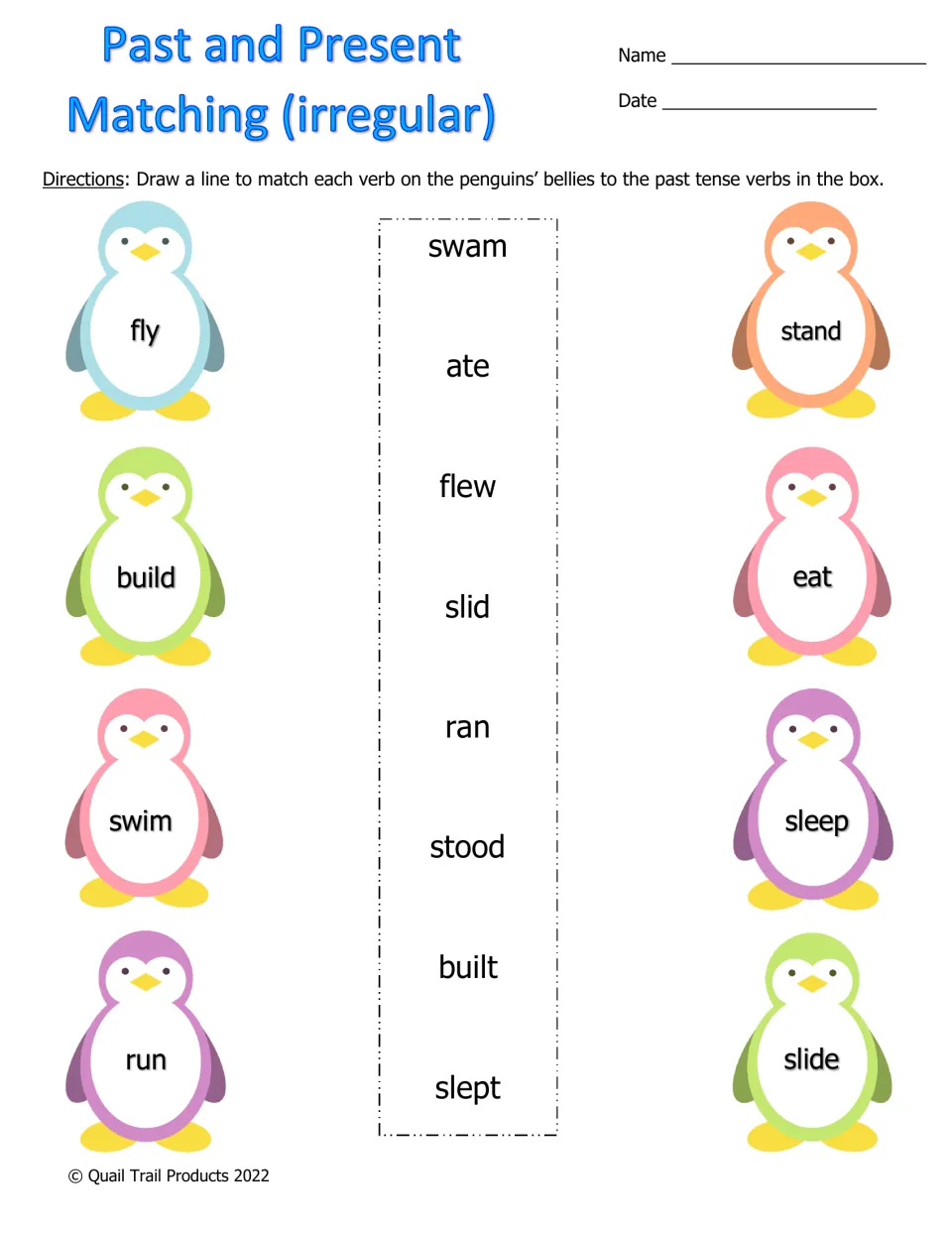 Irregular verb matching: students draw lines from fly, build, swim, run, stand, eat, sleep and slide to their past forms