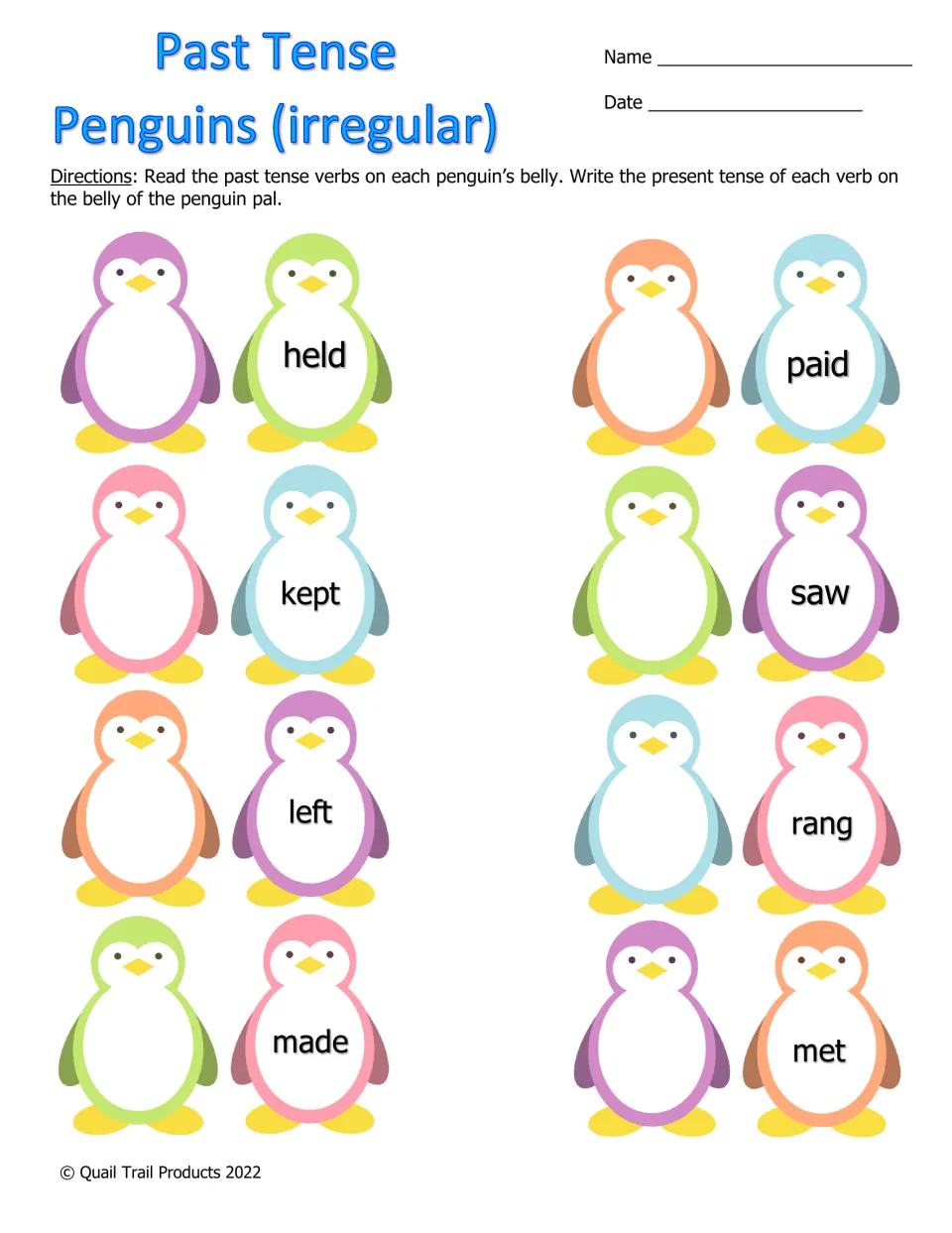 Past Tense Penguins (irregular): students write the present form of held, kept, left, made, paid, saw, rang and met