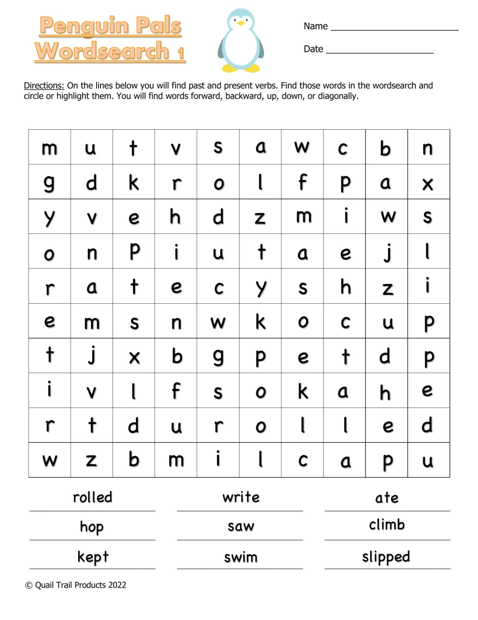 Penguin Pals Wordsearch 1: students find nine past and present verbs, including rolled, write, ate, hop, saw and slipped