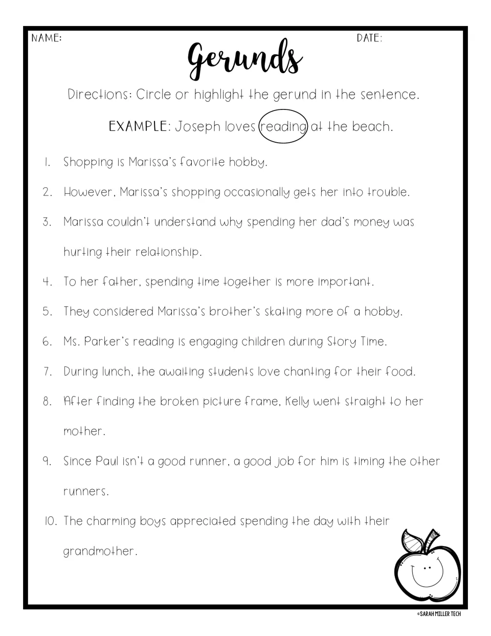 Gerund identification practice: 10 sentences about Marissa’s shopping, spending time together, and more
