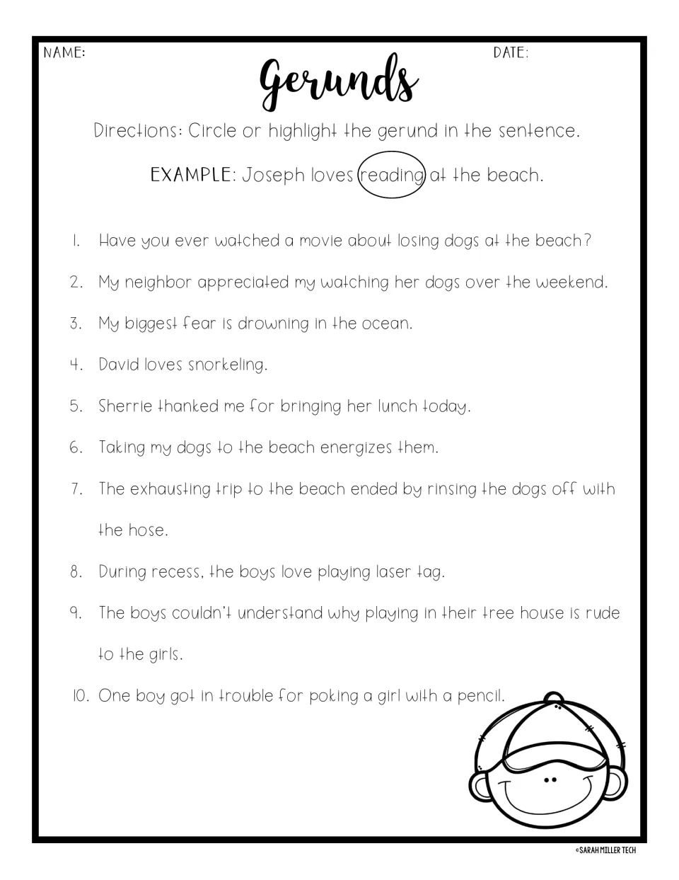 Gerund identification practice: 10 sentences about losing dogs, snorkeling, playing laser tag, and more