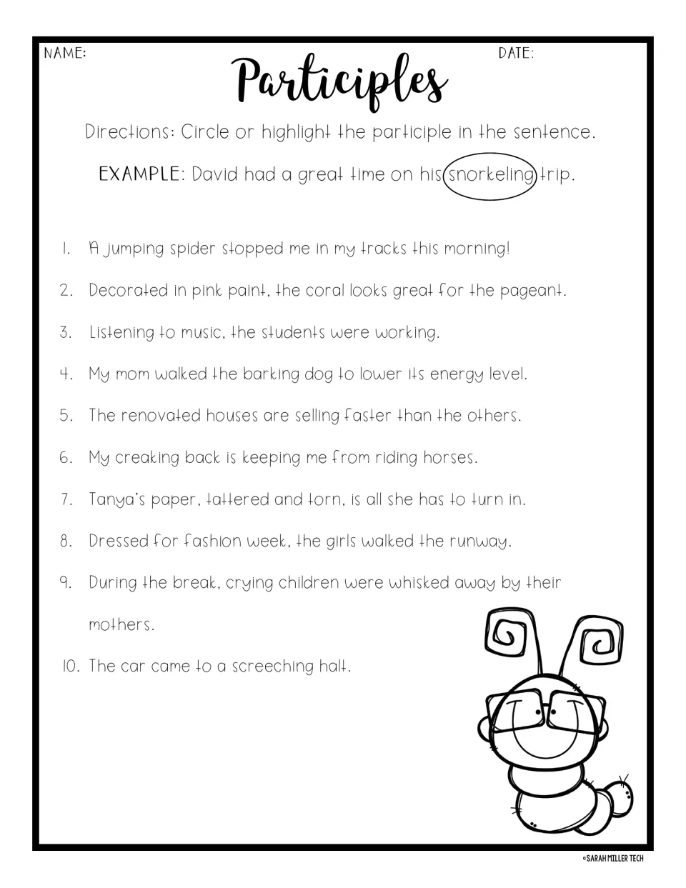 Participle identification practice: 10 sentences featuring a jumping spider, a barking dog, and more