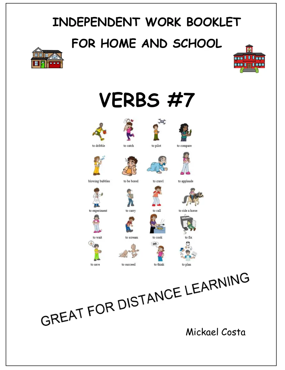 Verbs #7 booklet cover identifies independent work for home and school and shows 20 illustrated vocabulary items.