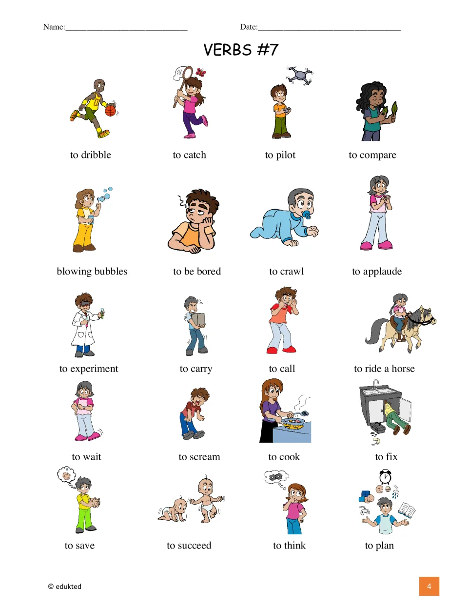 Illustrated verb reference sheet presents 20 items, including dribble, catch, pilot, compare, crawl, and cook.