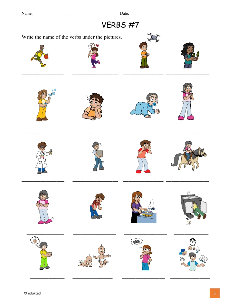Verb identification activity asks students to name the actions in all 20 pictures from the vocabulary sheet.