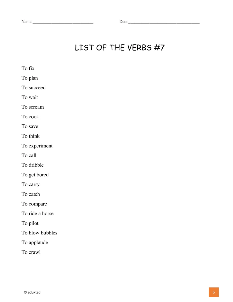Verb vocabulary list supplies 20 items for the booklet, including fix, plan, succeed, wait, scream, and cook.