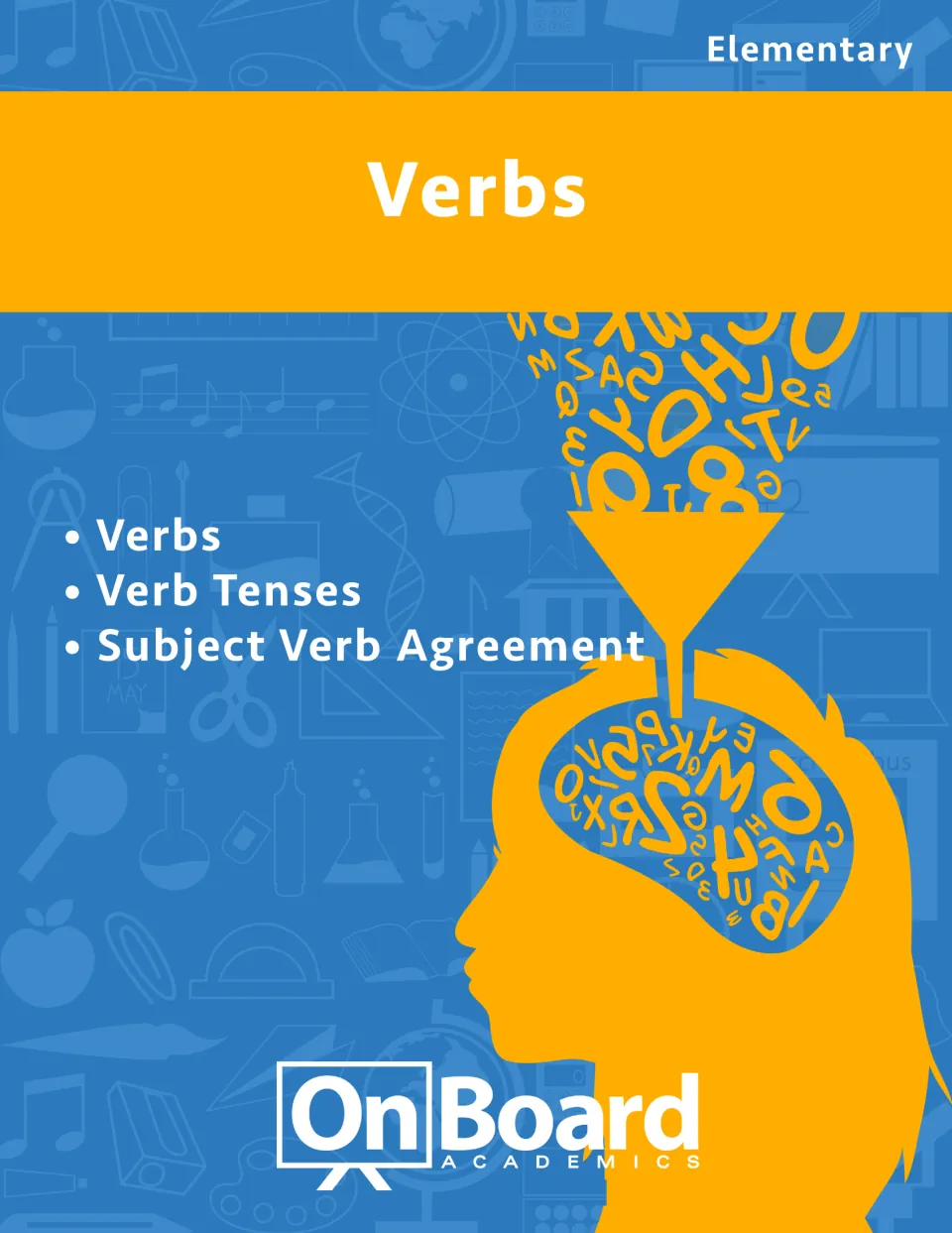 Elementary grammar workbook cover listing verbs, verb tenses, and subject-verb agreement as its topics