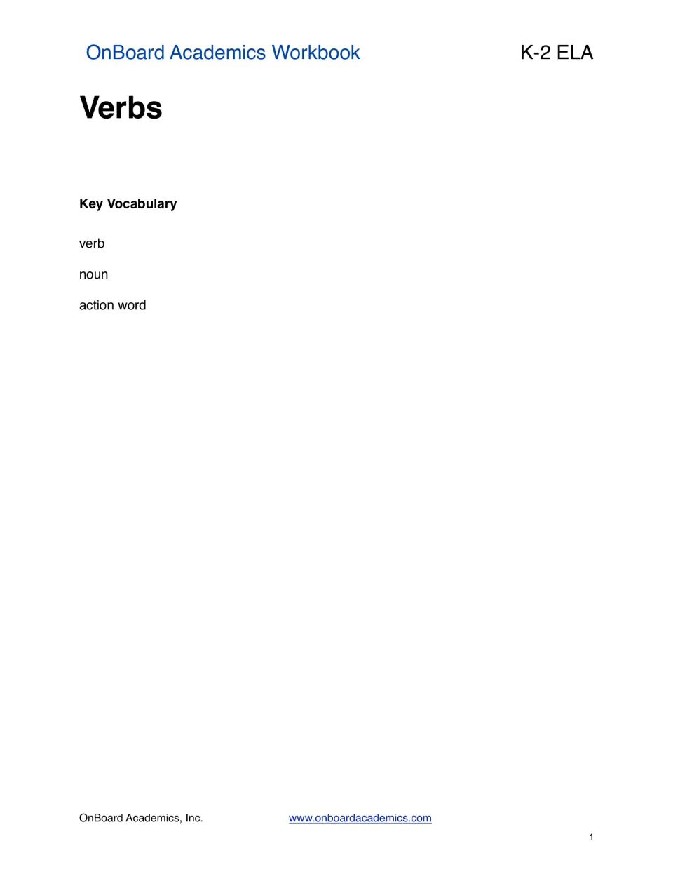 Opening vocabulary page for the workbook's verbs section, listing the terms verb, noun, and action word