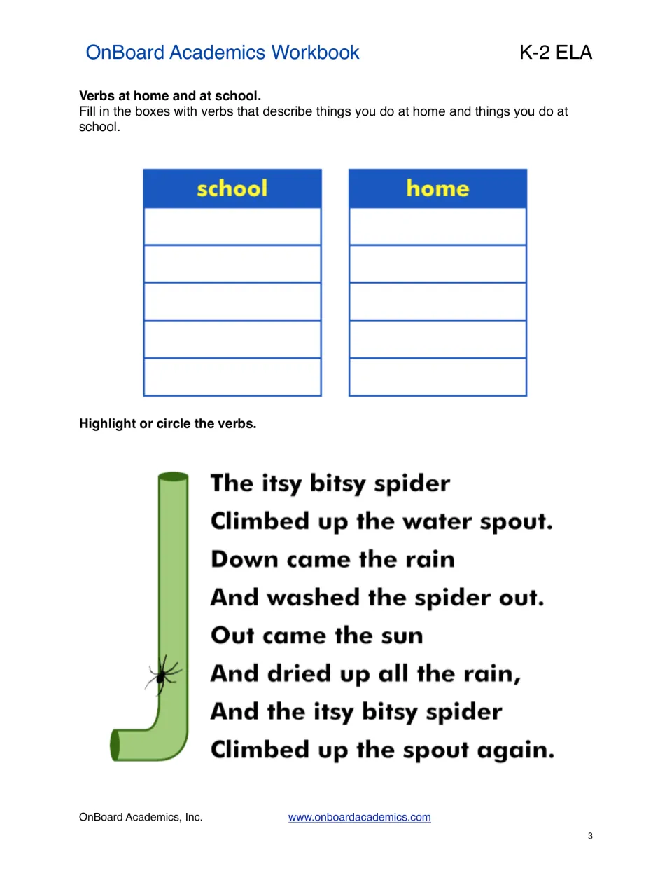 Verb practice asks for actions at school and home, then verb identification in The Itsy Bitsy Spider rhyme