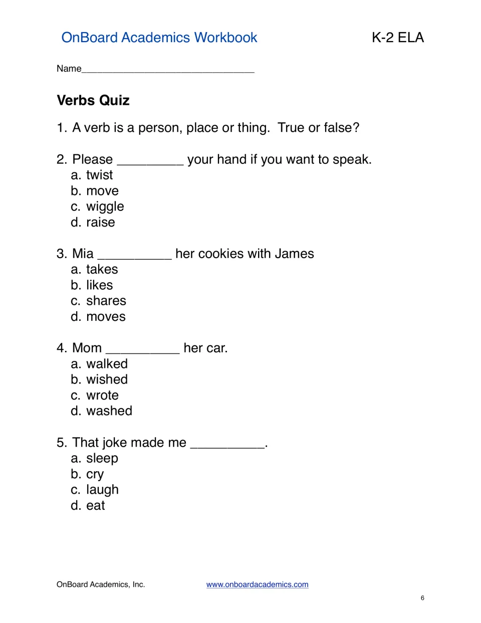 Five-question verbs quiz includes a true-or-false definition and verb choices about hands, cookies, and more