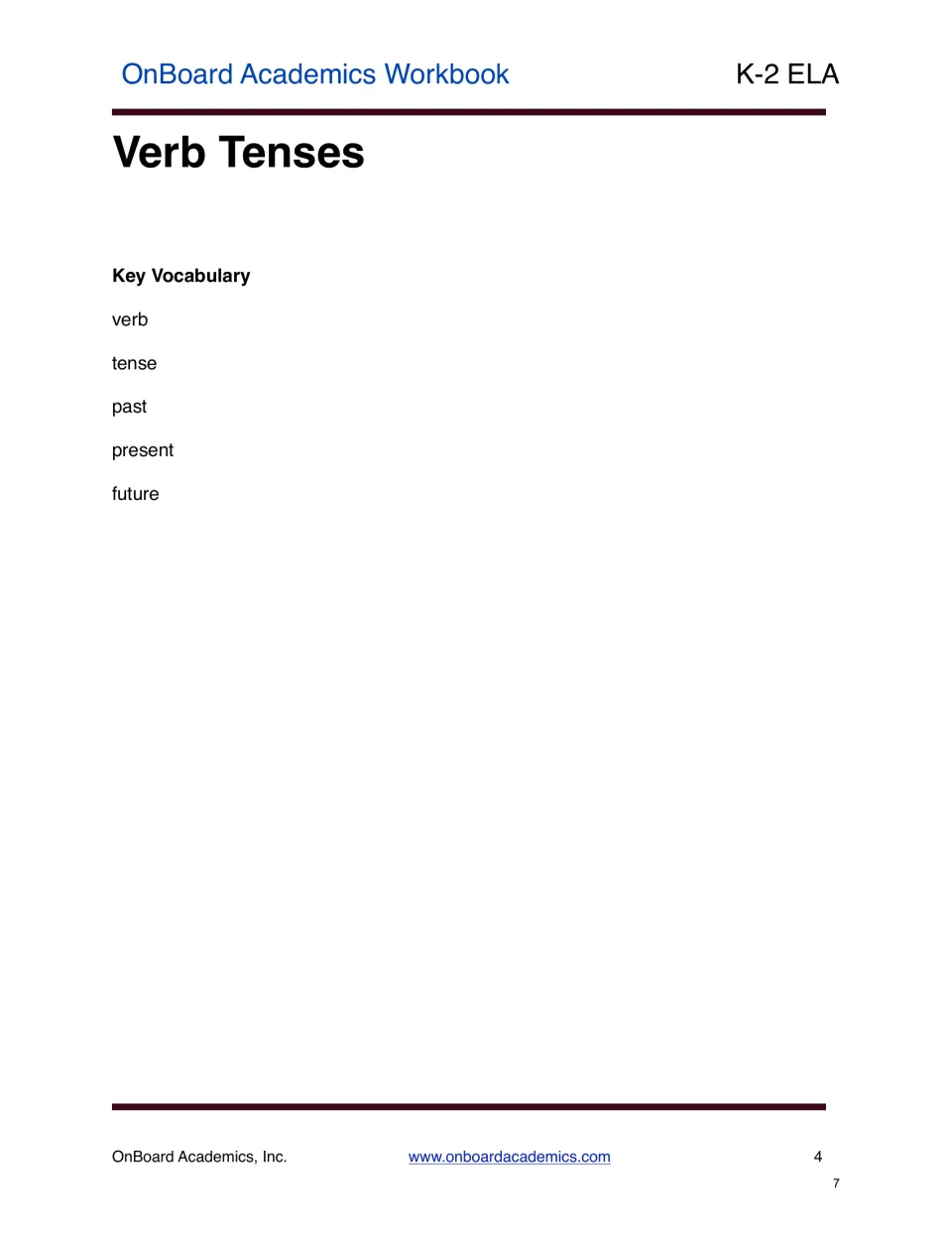Vocabulary introduction to the workbook's verb tenses section, listing verb, tense, past, present, and future