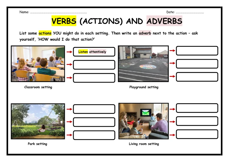 Verbs and adverbs by setting: students list actions for a classroom, playground, park and living room and add adverbs