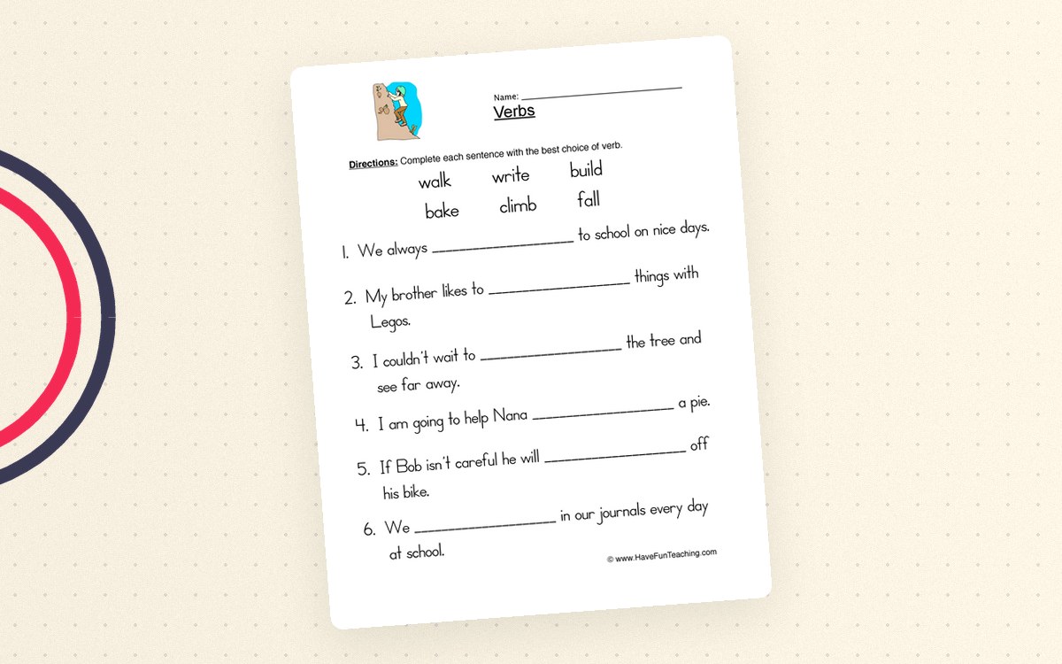 Verbs Fill in the Blank Worksheet preview: A one-page verb sentence-completion worksheet