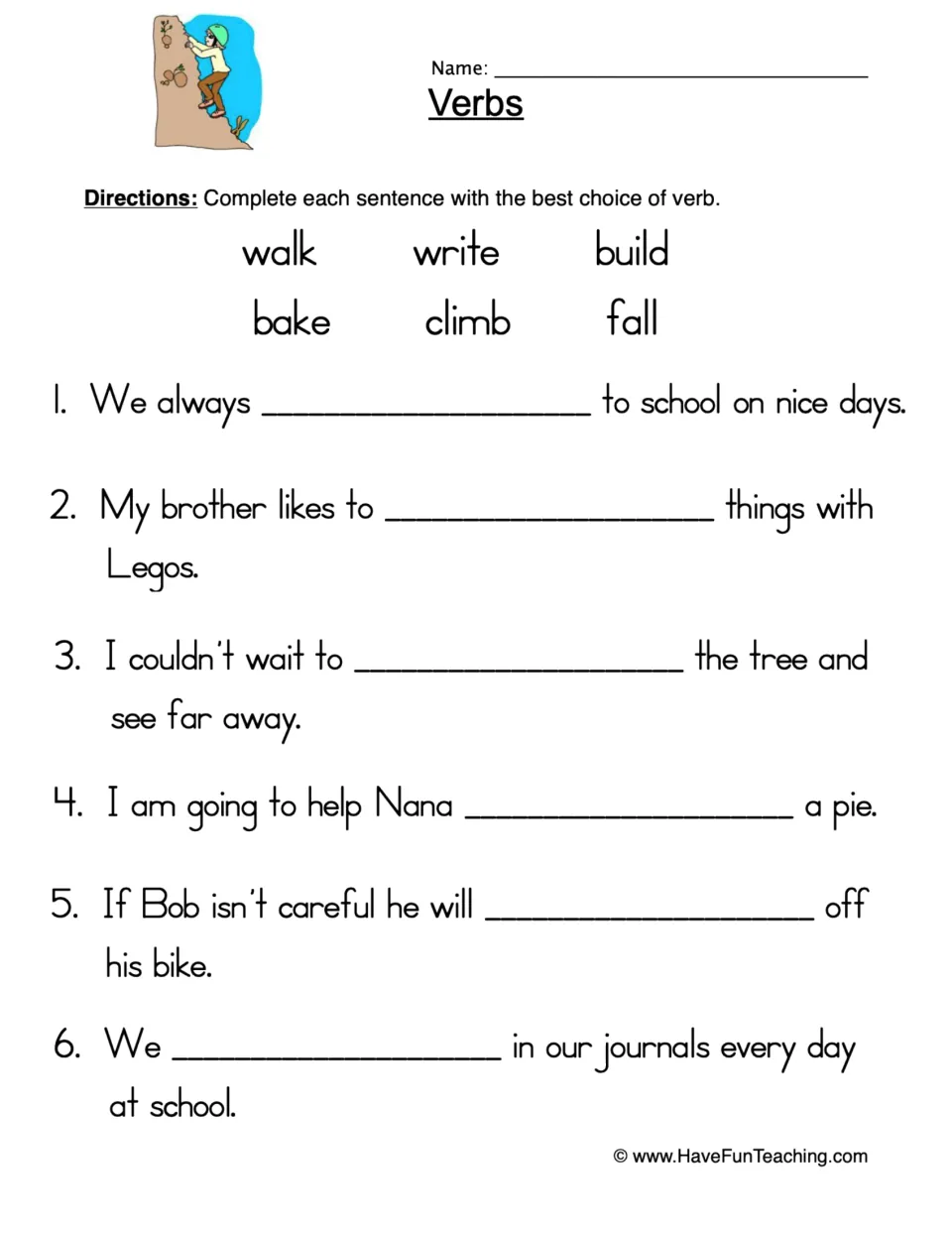 Choosing verbs in context: students complete 6 sentences with walk, write, build, bake, climb or fall from a word bank