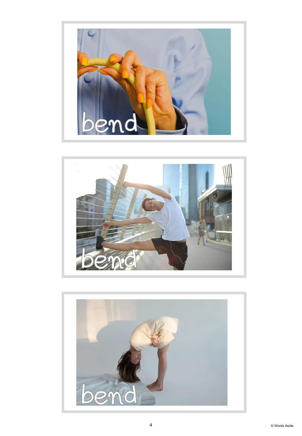 Three bend vocabulary photo cards labeled 'bend': bending an object, stretching sideways and bending forward