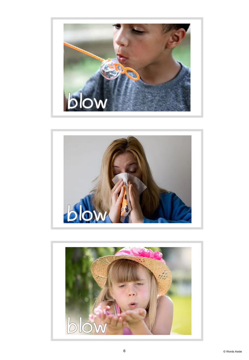 Three blow vocabulary photo cards labeled 'blow': blowing bubbles, blowing a nose and blowing petals