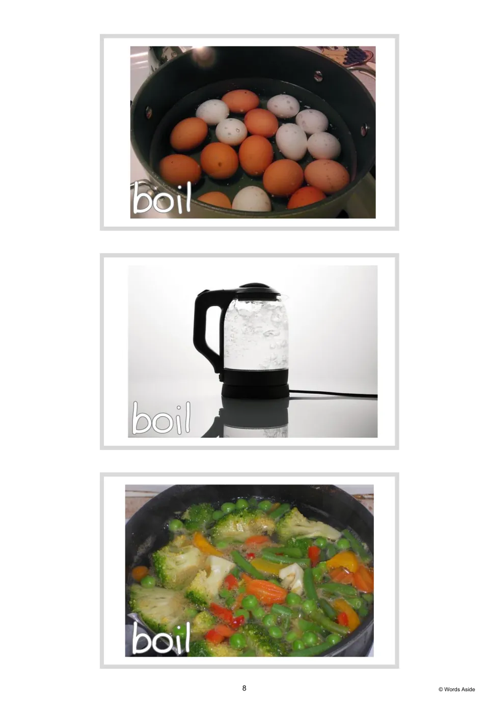 Three boil vocabulary photo cards labeled 'boil': eggs in a pot, water in a kettle and vegetables cooking