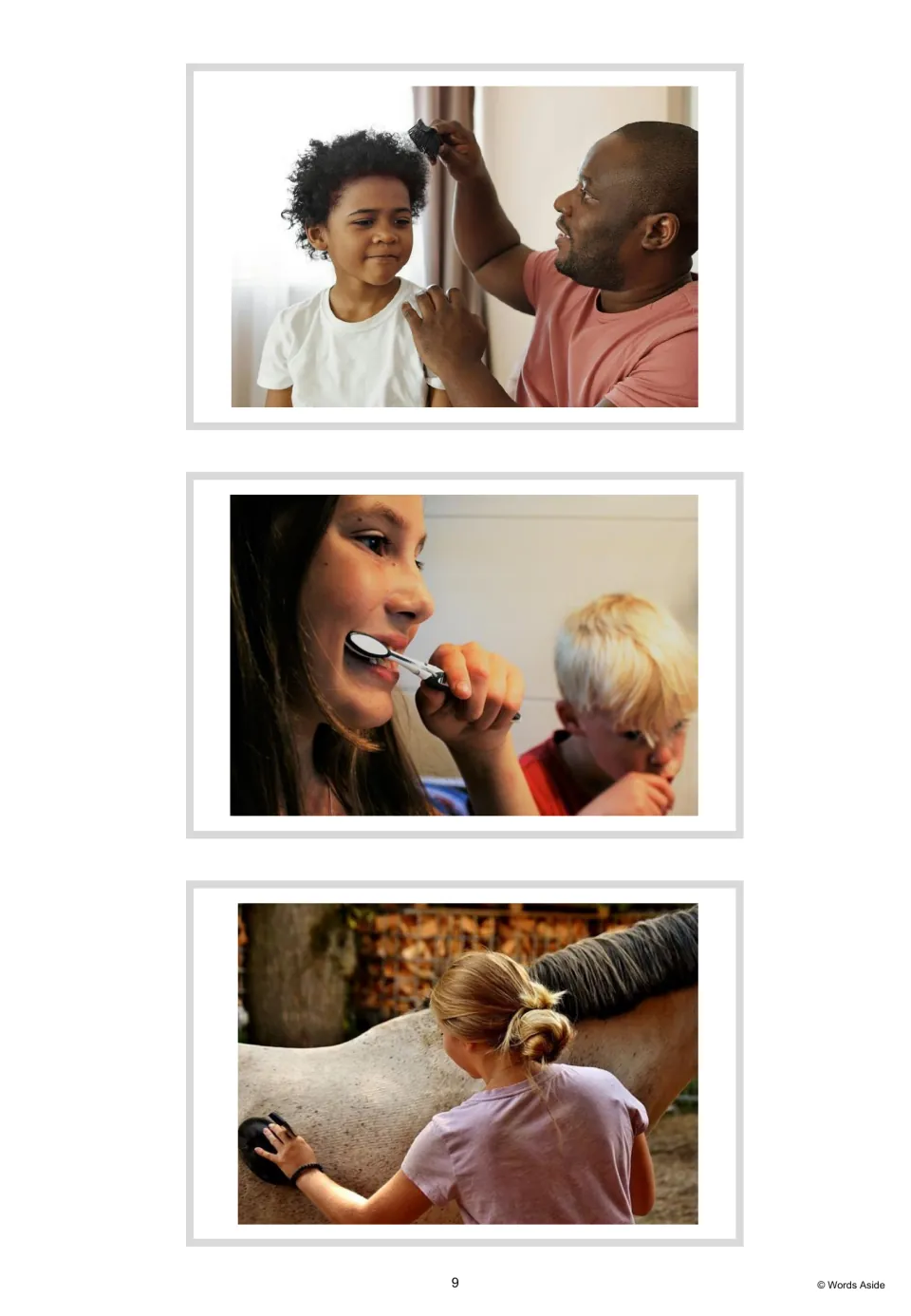 Three unlabeled brush vocabulary photo cards showing a child's hair, teeth and a horse being brushed