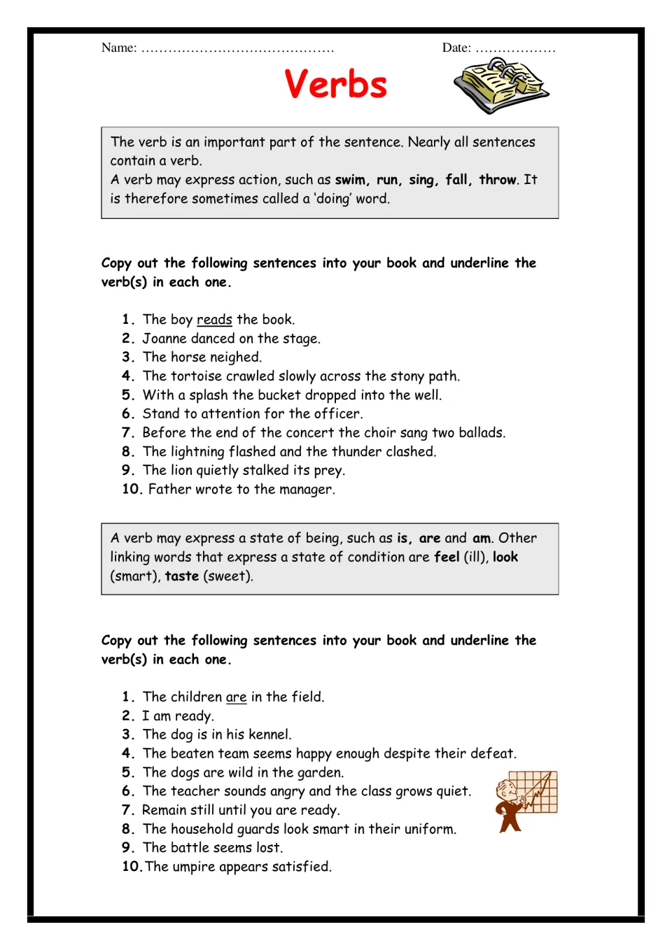 Verbs: students copy 20 sentences and underline action verbs, then state-of-being and linking verbs like is and seems