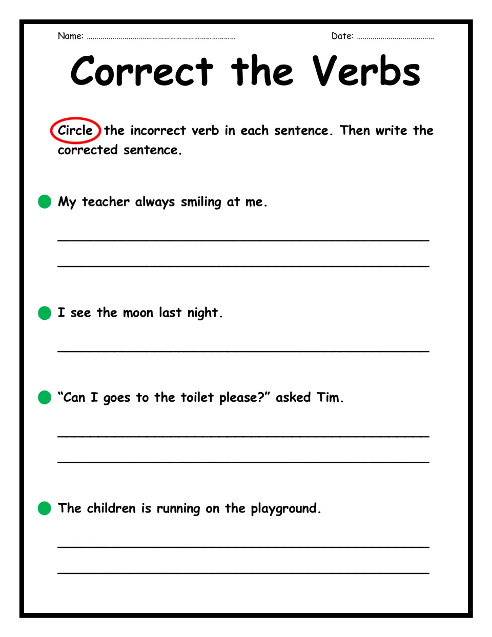Correct the Verbs: students circle the wrong verb in 4 sentences, such as smiling and goes, then rewrite each correctly
