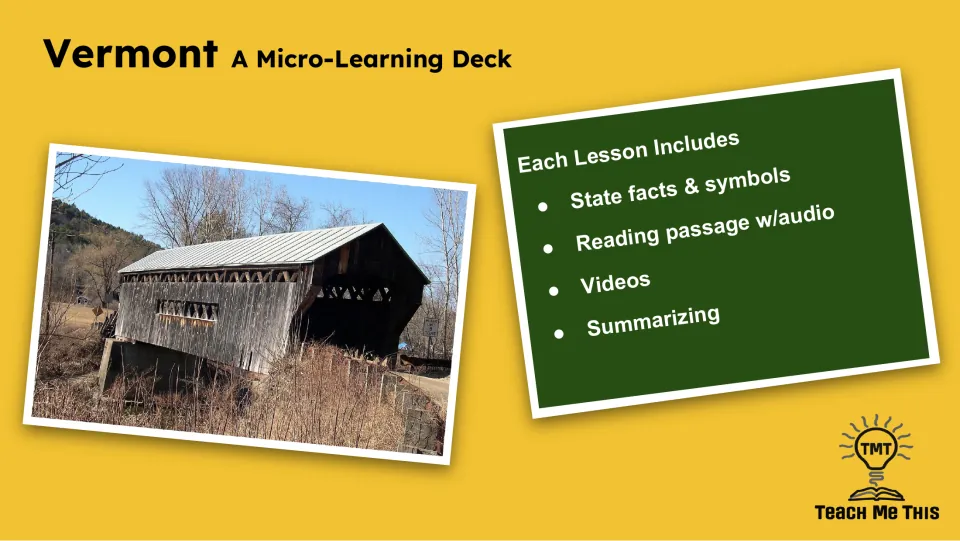 Lesson overview lists state facts and symbols, a reading passage with audio, videos, and summarizing