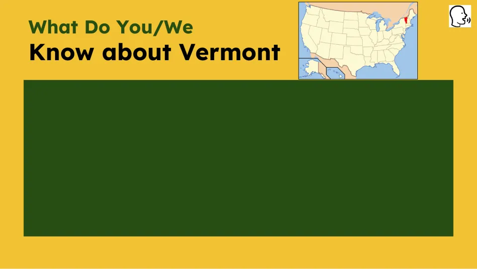 Prior-knowledge slide asks “What Do You/We Know about Vermont” and shows Vermont on a United States map