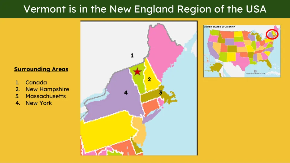 Geography slide locates Vermont in New England beside Canada, New Hampshire, Massachusetts, and New York