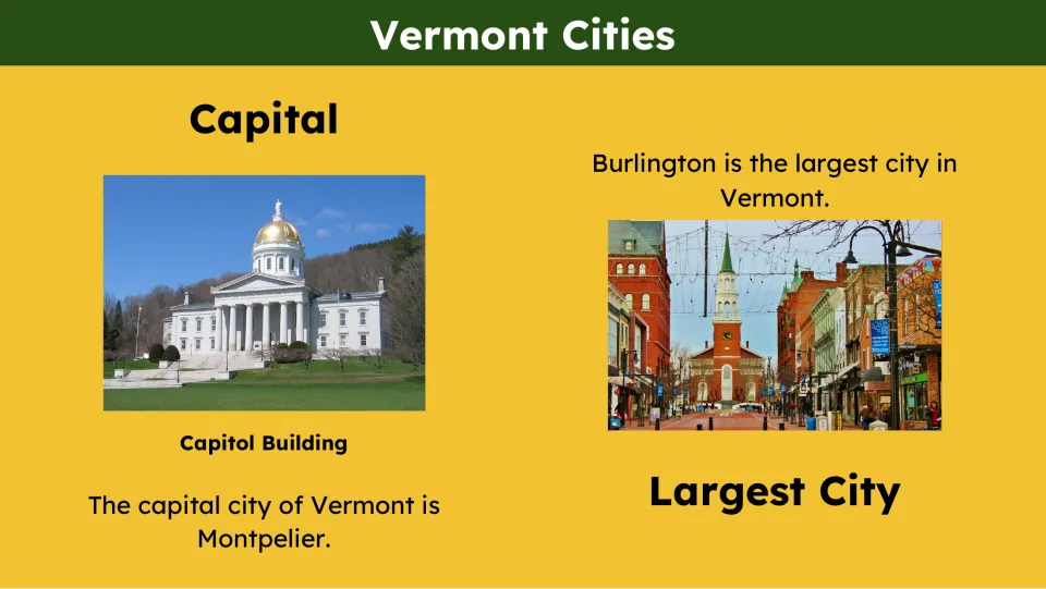 Cities slide identifies Montpelier as Vermont’s capital and Burlington as its largest city, with photos