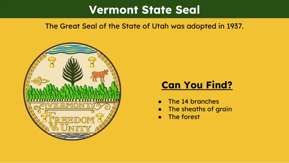 State seal slide asks learners to find 14 branches, grain, and forest; its adoption sentence names Utah