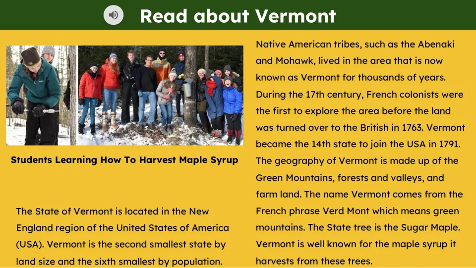 Reading slide covers Vermont’s location, history, landscape, and maple syrup, with an audio icon and student photos