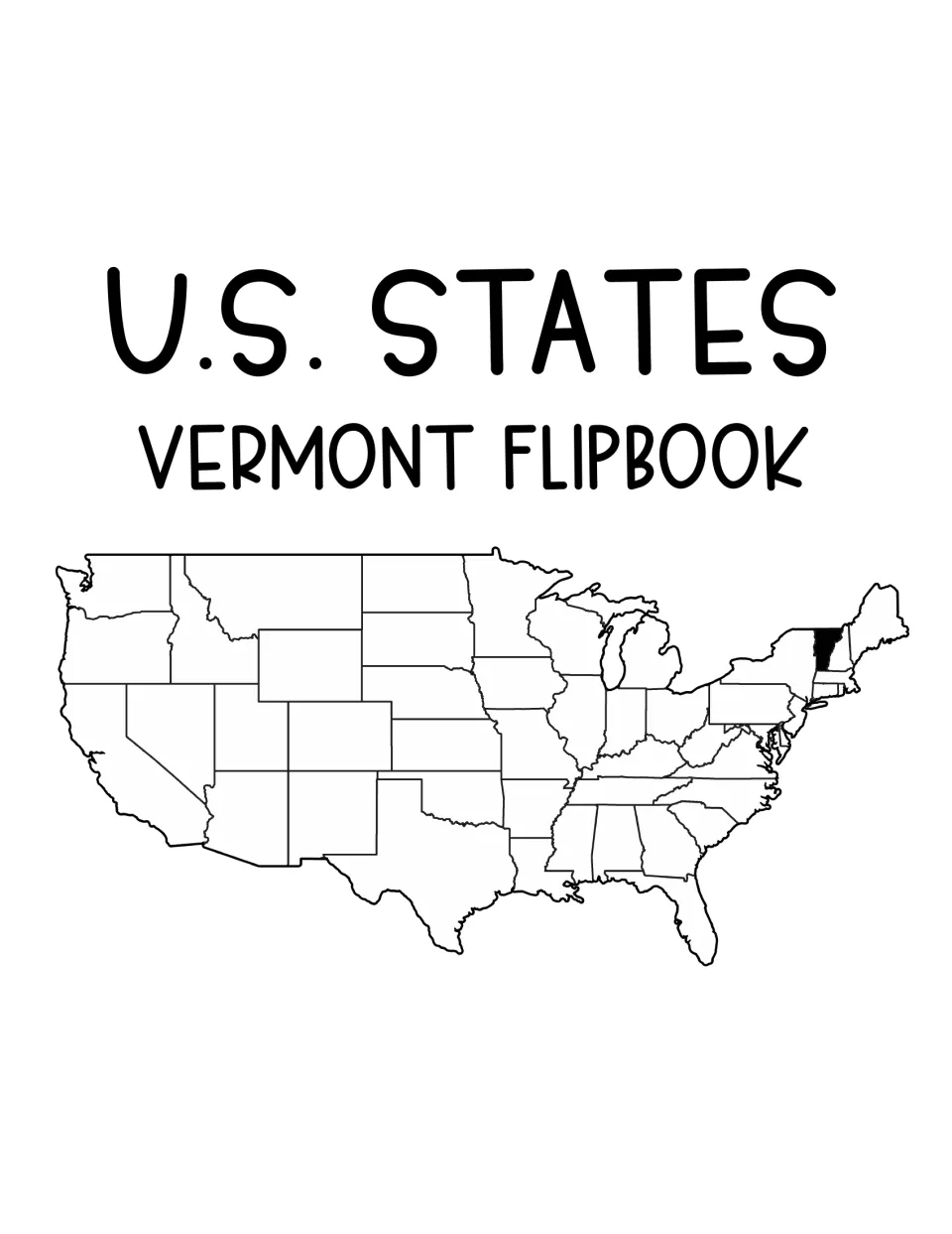 Resource cover titled 'U.S. States Vermont Flipbook' with Vermont highlighted on a map of the United States