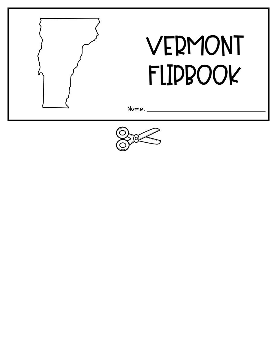 Student flipbook cover for the cut-and-go version, featuring a Vermont outline and a space for a name