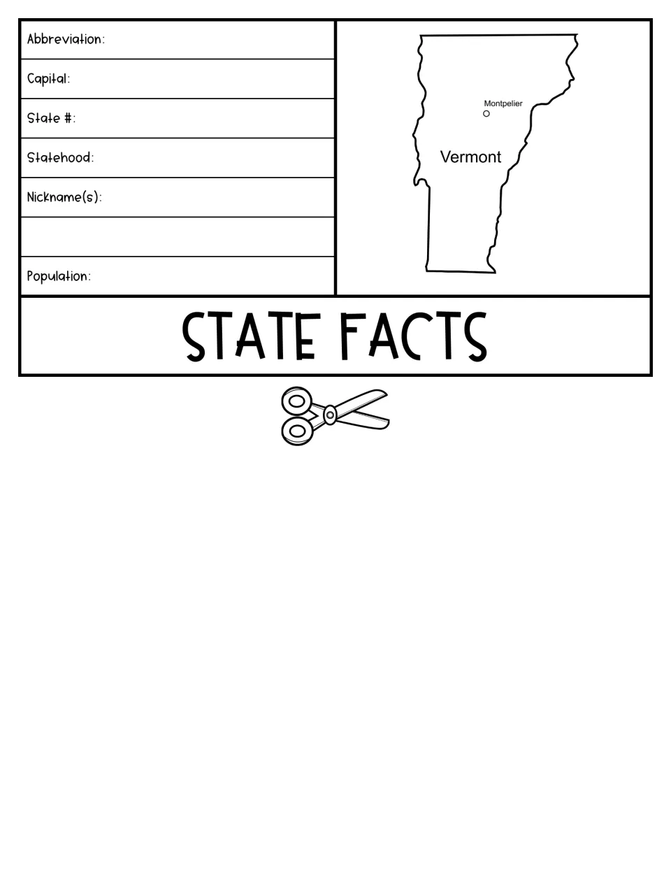 State Facts flipbook page asks for abbreviation, capital, statehood, and more; a map labels Montpelier