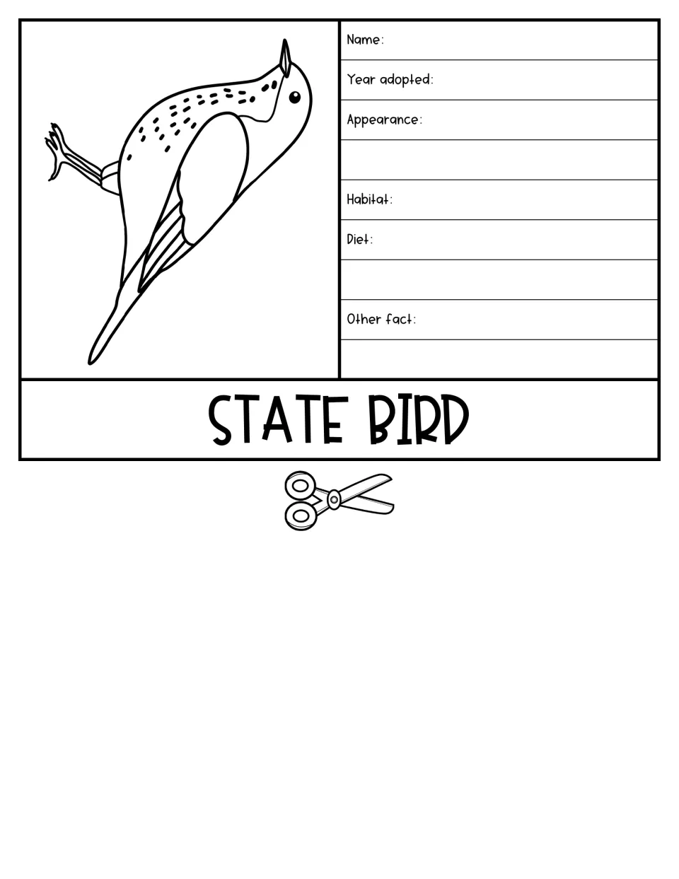 State Bird flipbook page pairs a bird illustration with prompts for its name, adoption year, habitat, and diet