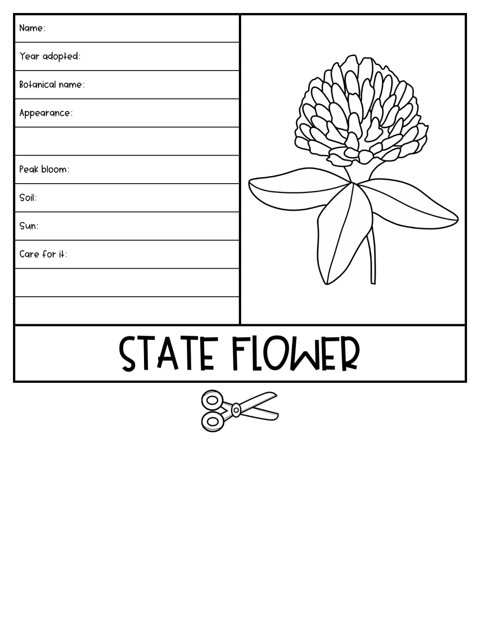 State Flower flipbook page includes a flower illustration and prompts for botanical name, bloom, soil, and sun