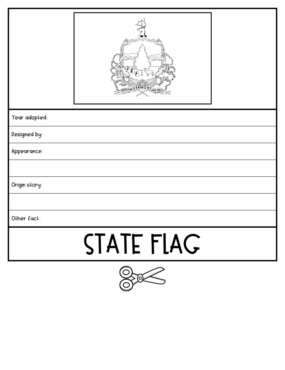 State Flag flipbook page includes a flag illustration and prompts for adoption, designer, and origin story