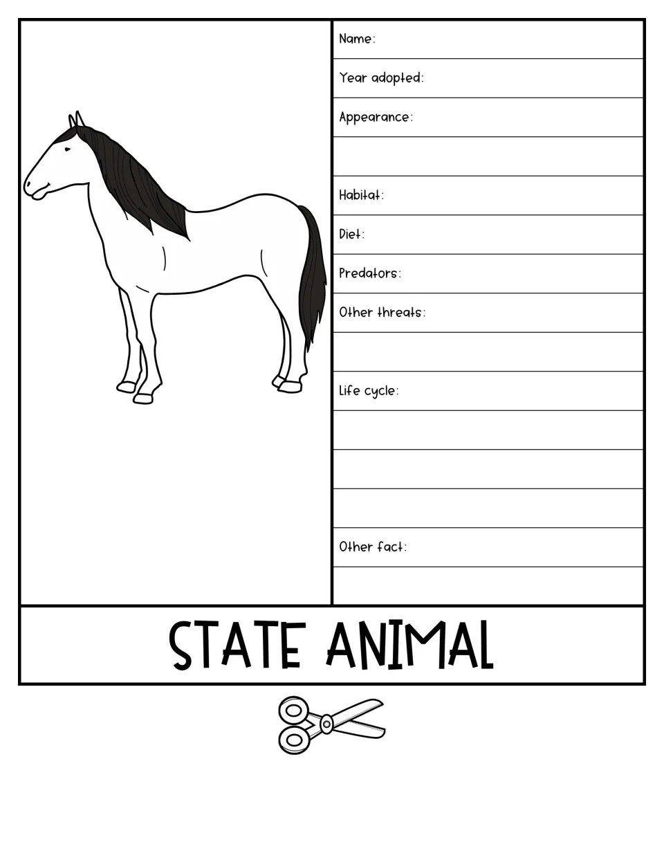 State Animal flipbook page pairs a horse illustration with prompts for habitat, diet, threats, and life cycle